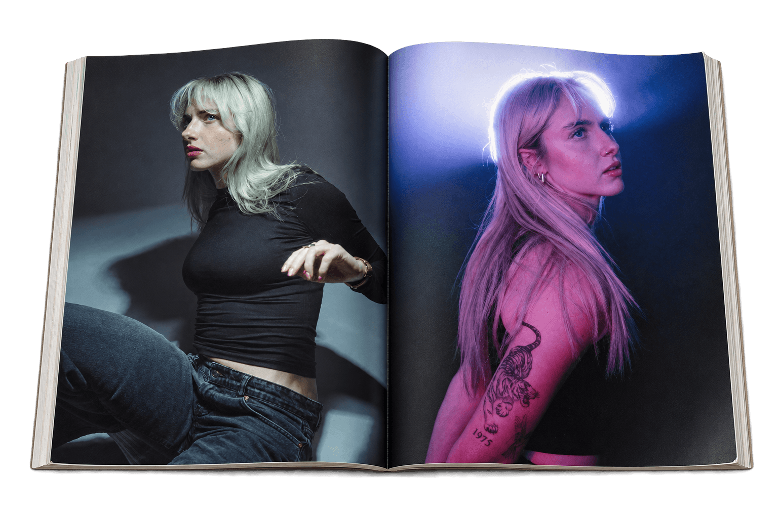 Open magazine with two portraits photographed by Sara Schultz